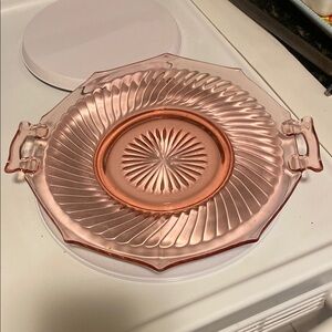 Vintage Imperial Glass Twisted Optic Pink Depression Glass Cake Plate Handles